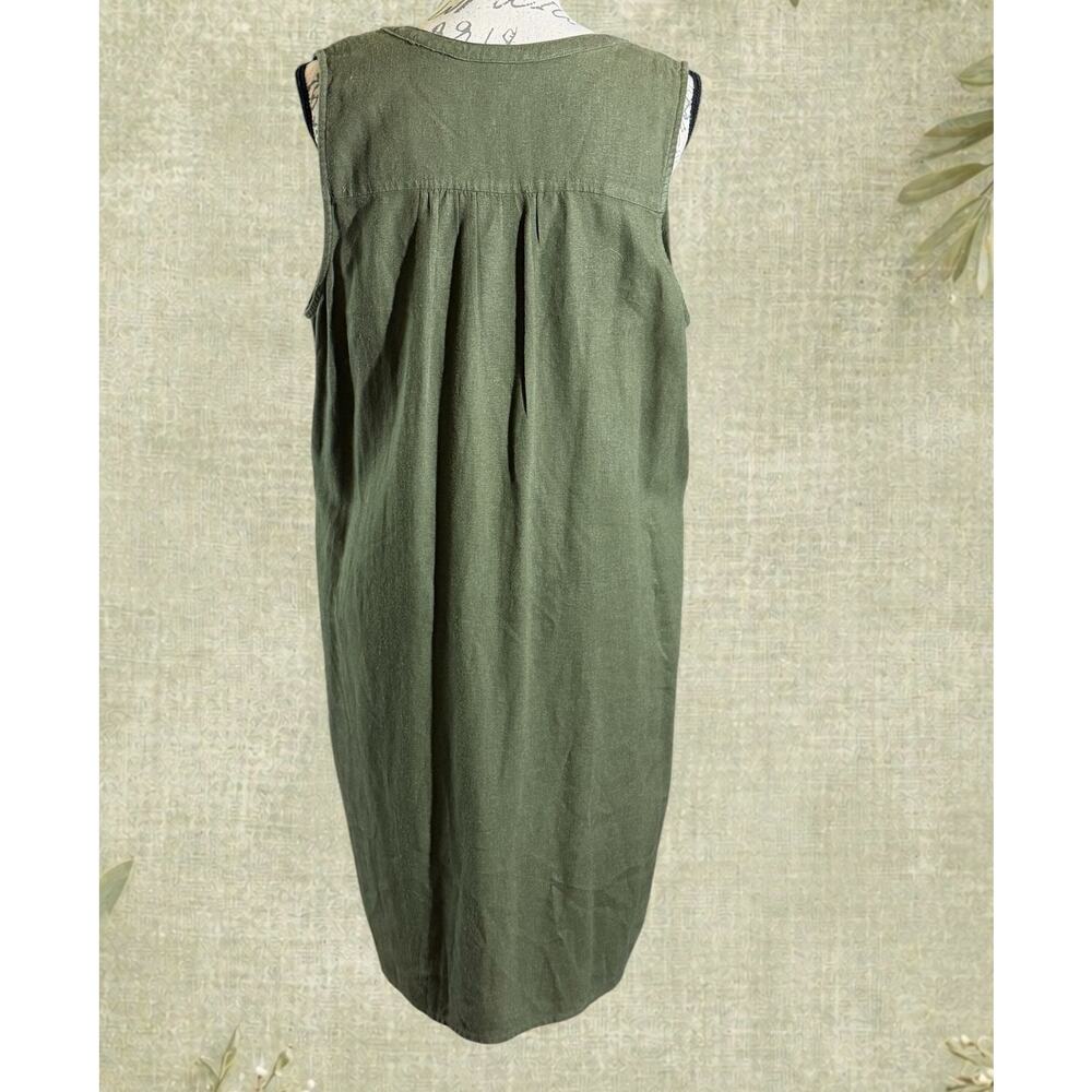 Sonoma Linen Blend Olive Sleeveless Dress L Pintuck Pockets Casual Artsy Midi - Picture 4 of 9